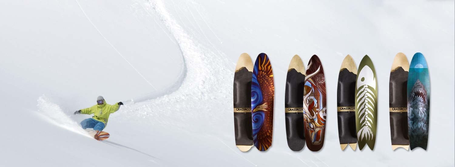 Surf inspired powsurf shapes by Grassroots Powdersurfing for surfing the snow.