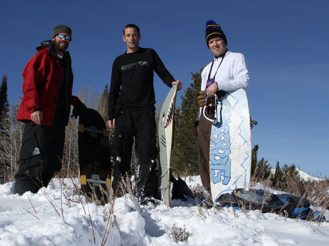 Jeremy Jensen, Dave Smellie and Mike Kerkman Powsurfing on early powsurfers.