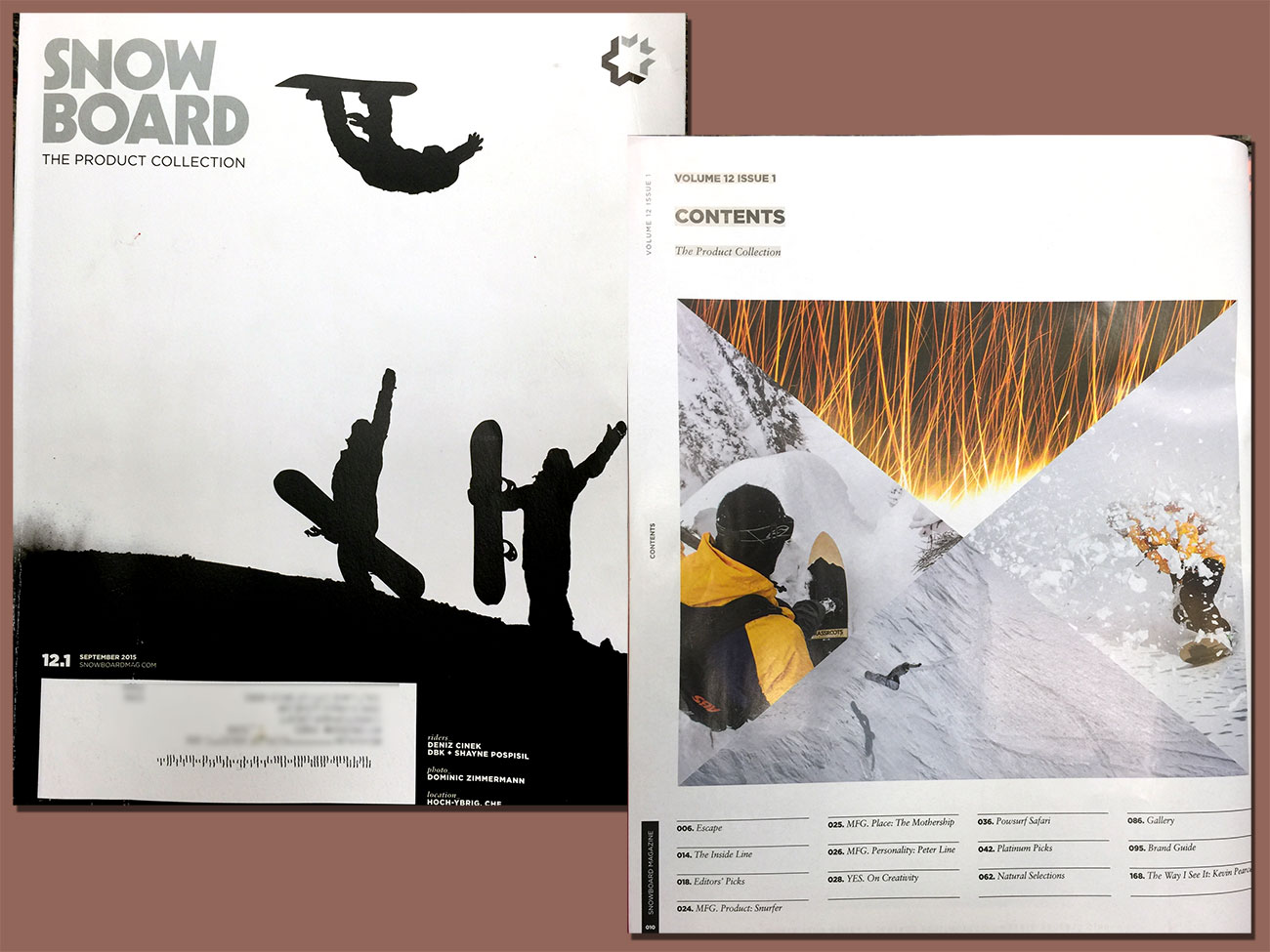 Snowboard Magazine Cover and Index page featuring Grassroots Powdersurfing riders Jeremy Jensen, Gray Thompson and Eric Messier.