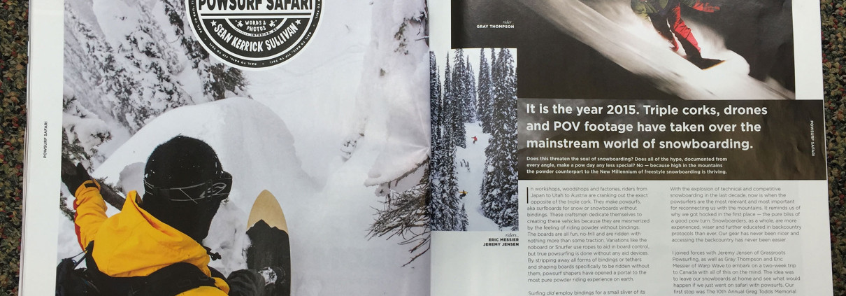 Title page for Powsurf Safari article featured in Snowboard Magazine.