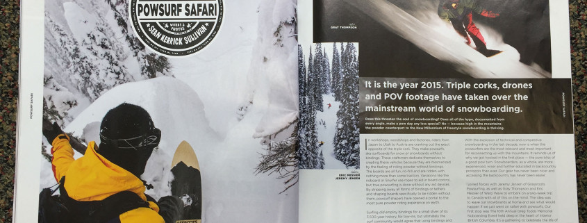 Title page for Powsurf Safari article featured in Snowboard Magazine.