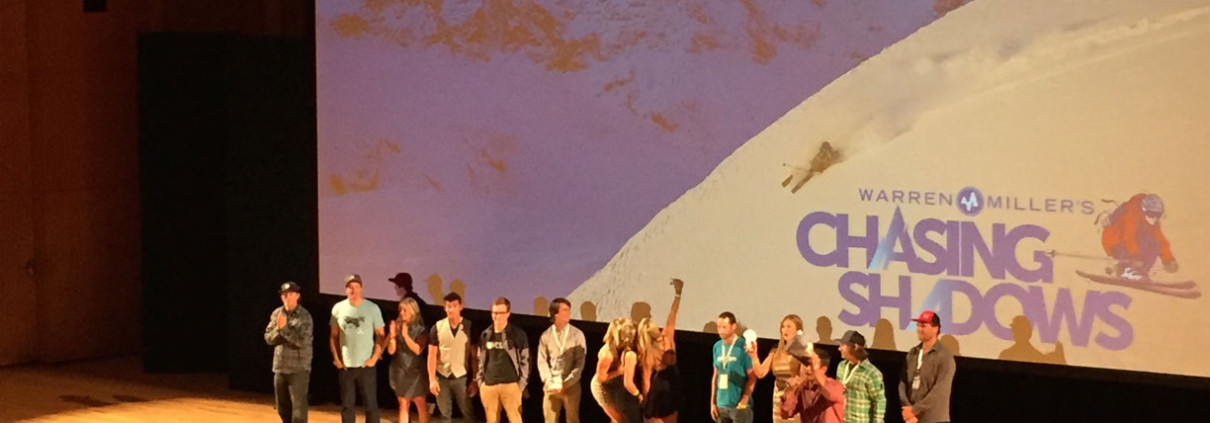 Jeremy Jensen joins other Warren Miller athletes on stage at the world premier of Chasing Shadows in Salt Lake City, Utah