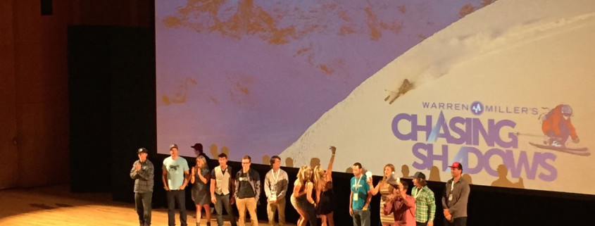 Jeremy Jensen joins other Warren Miller athletes on stage at the world premier of Chasing Shadows in Salt Lake City, Utah