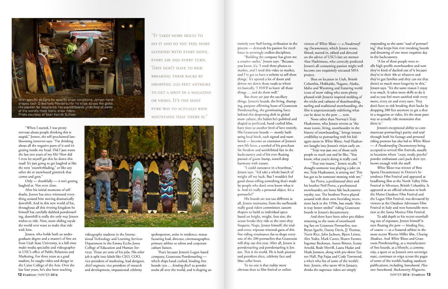 Grassroots Powdersurfing owner, founder and shaper Jeremy Jensen featured in Utah State Magazine